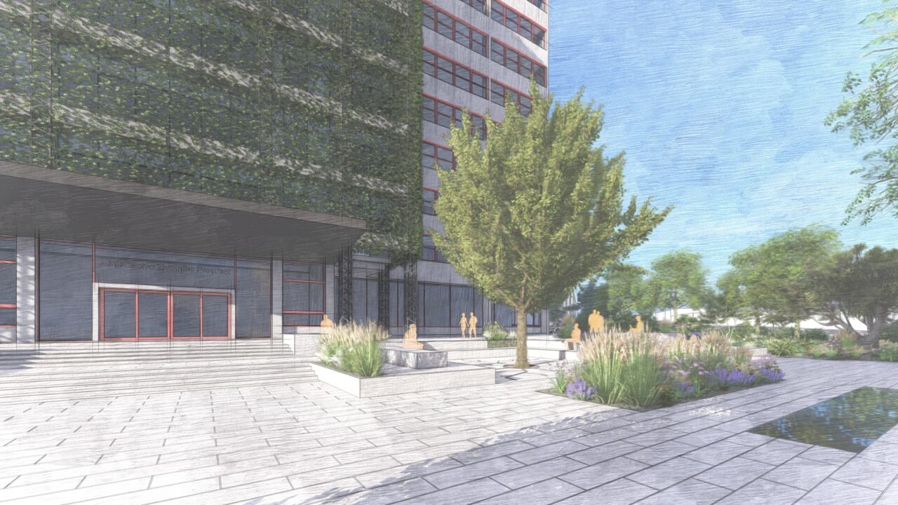 Resort životního prostředí má v plánu zateplení fasády zesílit další vrstvou, vyměnit okna a instalovat stínění a odlehčit střešní konstrukci. Vizualizace: poskytnutá ministerstvem životního prostředí