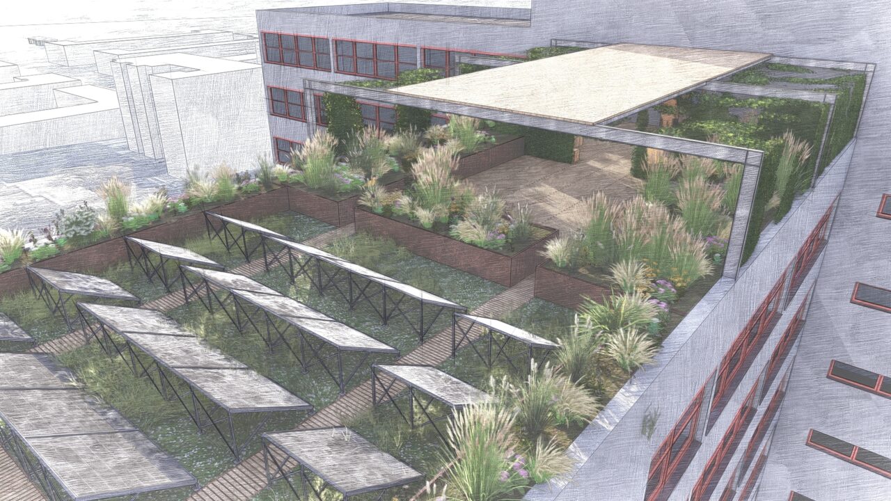 Na střeše budovy má být zeleň a větší fotovoltaická elektrárna než dosud. Vizualizace: poskytnutá ministerstvem životního prostředí