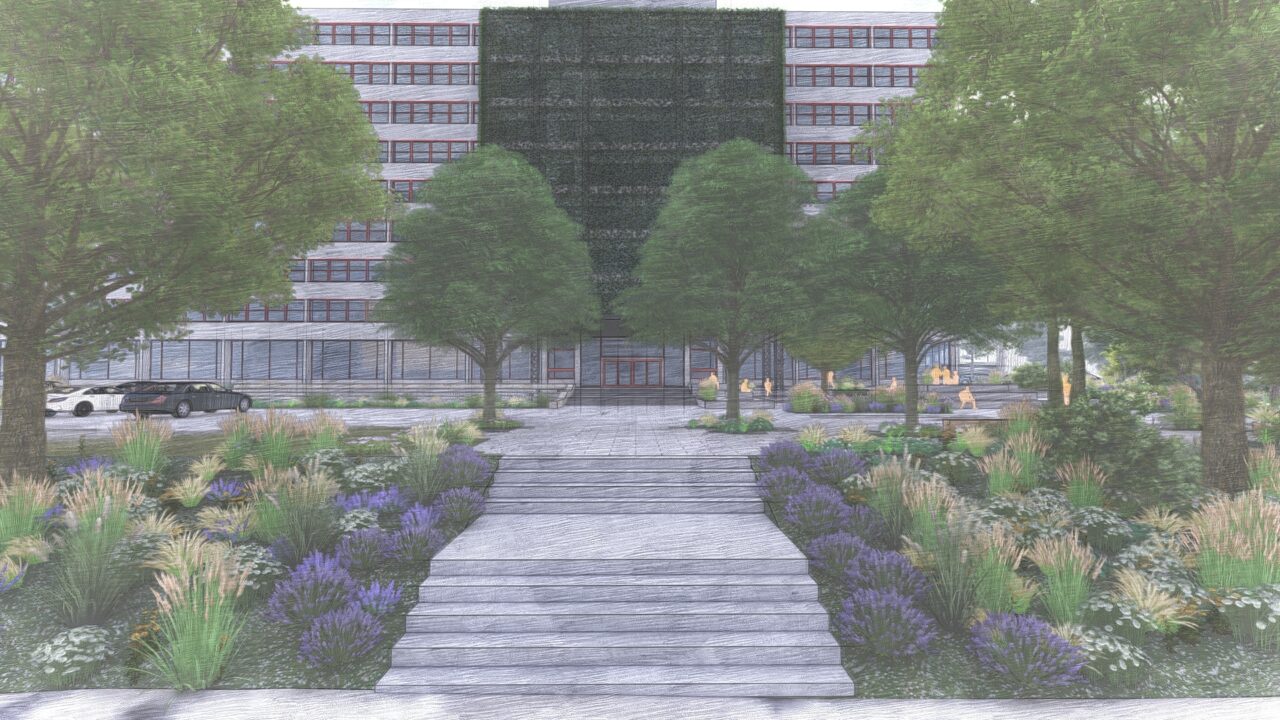 Renovace změní nejen budovu ministerstva životního prostředí, ale také prostor před ní. Vizualizace: poskytnutá ministerstvem životního prostředí