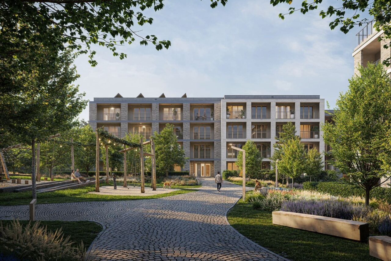 Společnost Skanska využila dřevo při stavbě pražského rezidenčního komplexu D.O.K. Radlice. Vizualizace: poskytnuta studiem Jakub Cigler Architekti