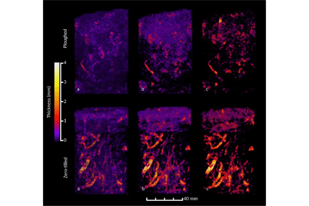 Nahoře je množství a velikost pórů v půdě s orbou (Ploughed) a dole po sedmi letech bez orby (Zero-tilled): a) všechny póry, b) póry do 0,35 mm odfiltrovány, c) všechny póry nad 0,55 mm. Foto: poskytnuto University of Nottingham
