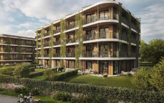 Projekt Timber Praha jsou čtyřpatrové domy dohromady s 62 bytovými jednotkami v pražských Řeporyjích. Vizualizace: poskytnuta společností UBM Development Czechia