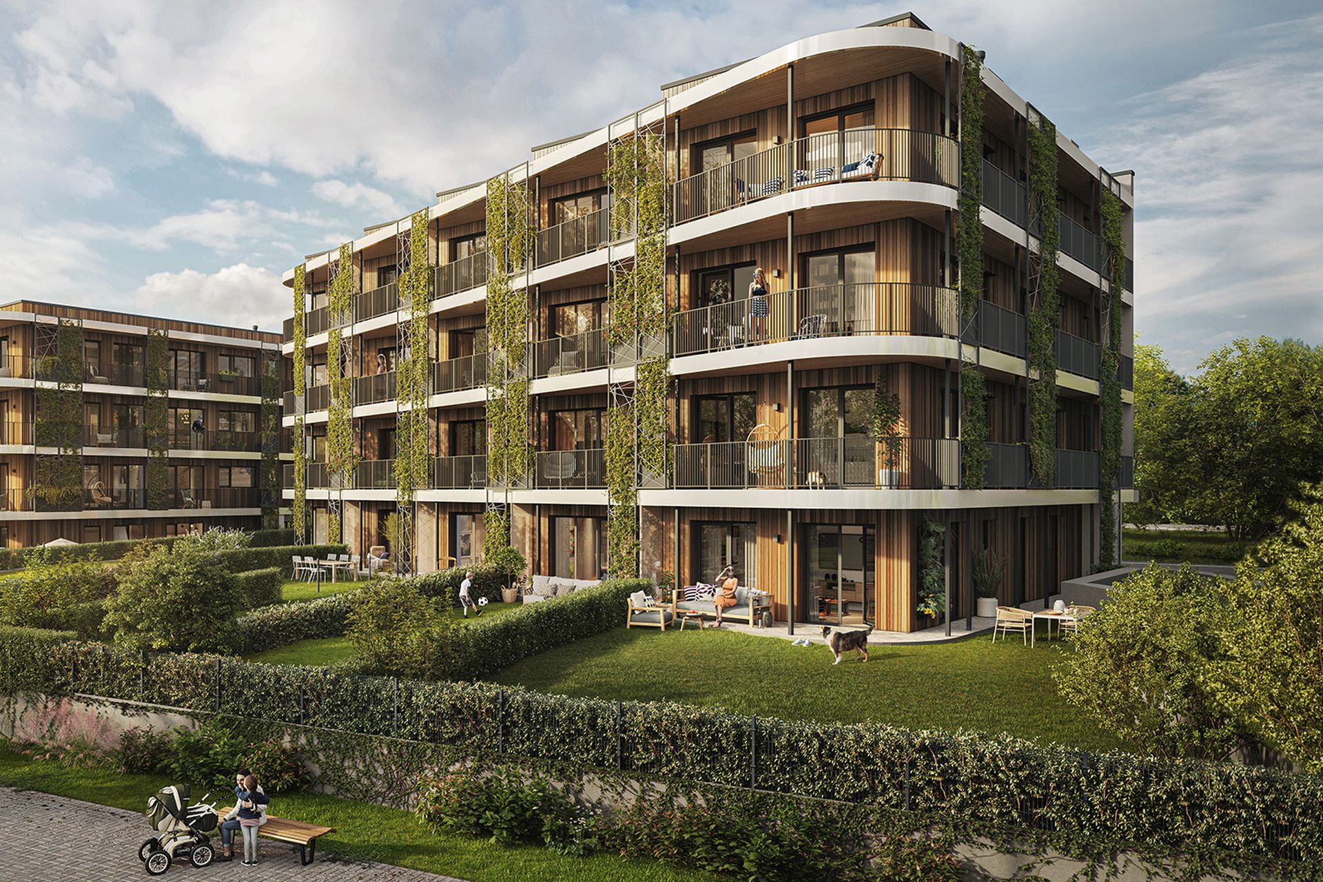 Projekt Timber Praha jsou čtyřpatrové domy dohromady s 62 bytovými jednotkami v pražských Řeporyjích. Vizualizace: poskytnuta společností UBM Development Czechia