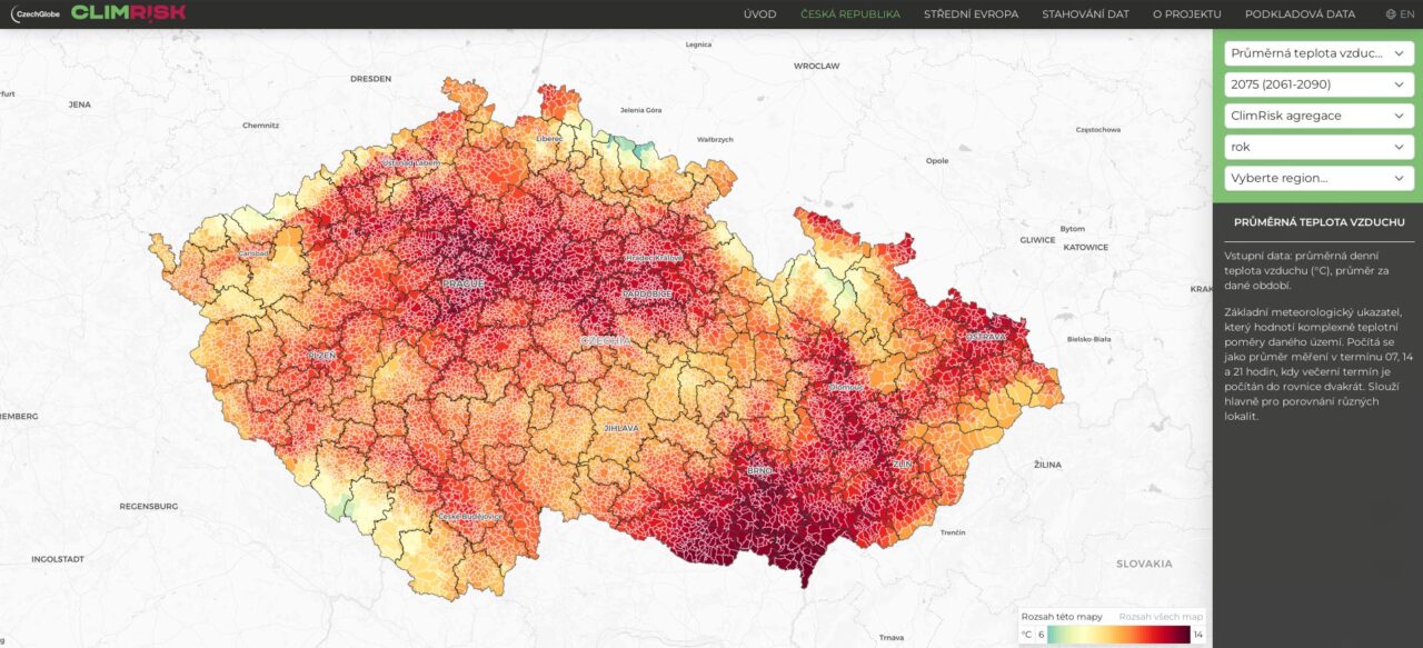 Mapa klimarizik Climrisk nabízí přehled dopadů klimatické změny na úrovni obcí až do roku 2090. Je určena zejména investorům, kteří uvažují o nákupu nemovitosti. Zdroj: climrisk.cz